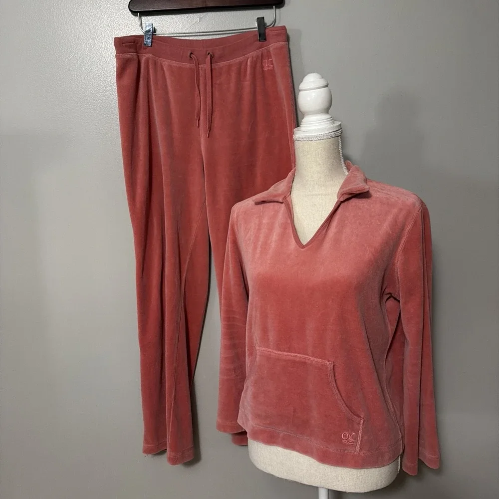 Oleg Cassini Women Pink Velour 2 Piece Tracksuit Leisure Set Medium